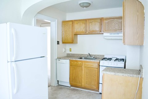 A white refrigerator stands in a kitchen with wooden cabinets and a marble countertop.