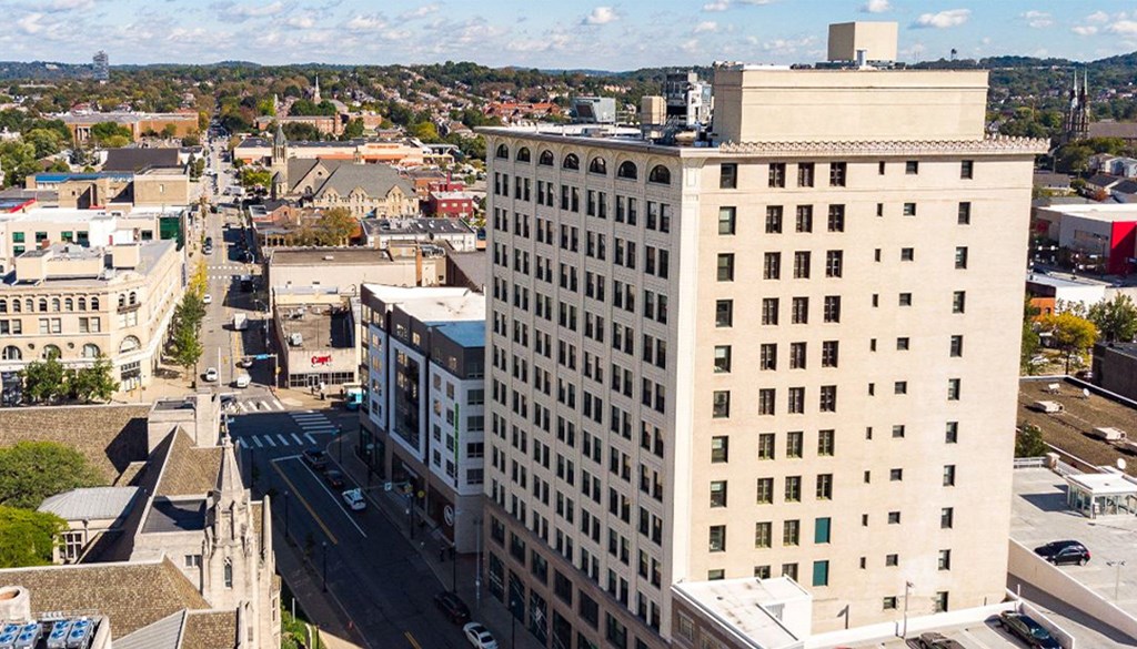 an aerial view of a large building in a city at Walnut on Highland, Pittsburgh, PA