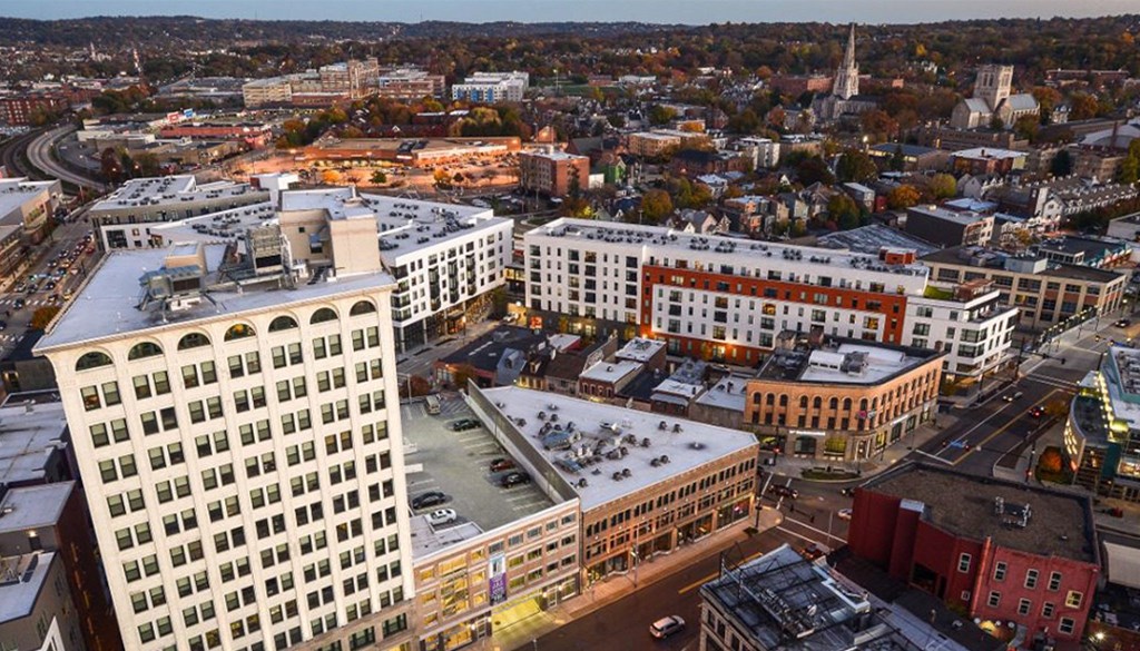 aerial view of a city with a church in the background at Walnut on Highland, Pittsburgh, PA