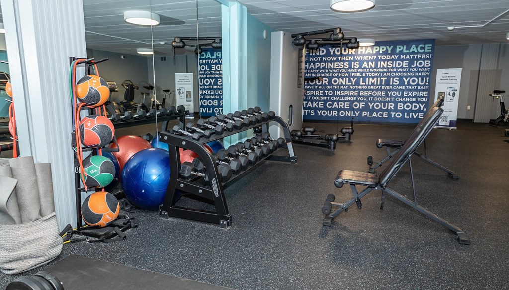 a large fitness room with weights and other exercise equipment