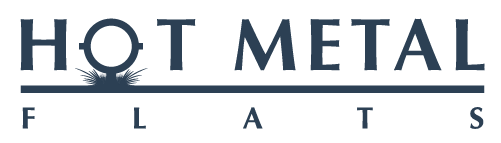 A logo with the words "Hot Metal Flats" in dark blue on a green background.