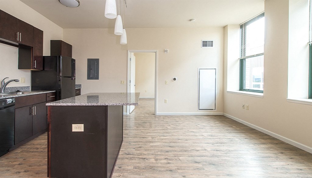 a kitchen and living room at Walnut on Highland, Pittsburgh, PA