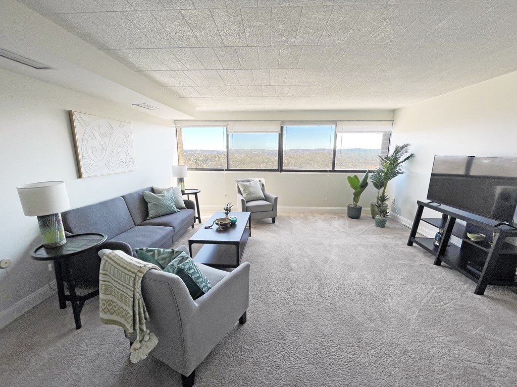 a living room with a couch chairs and a television at Walnut Towers at Frick Park, Pittsburgh, PA