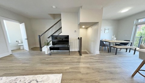 a view of the interior of a building with geometric shapes on the floor