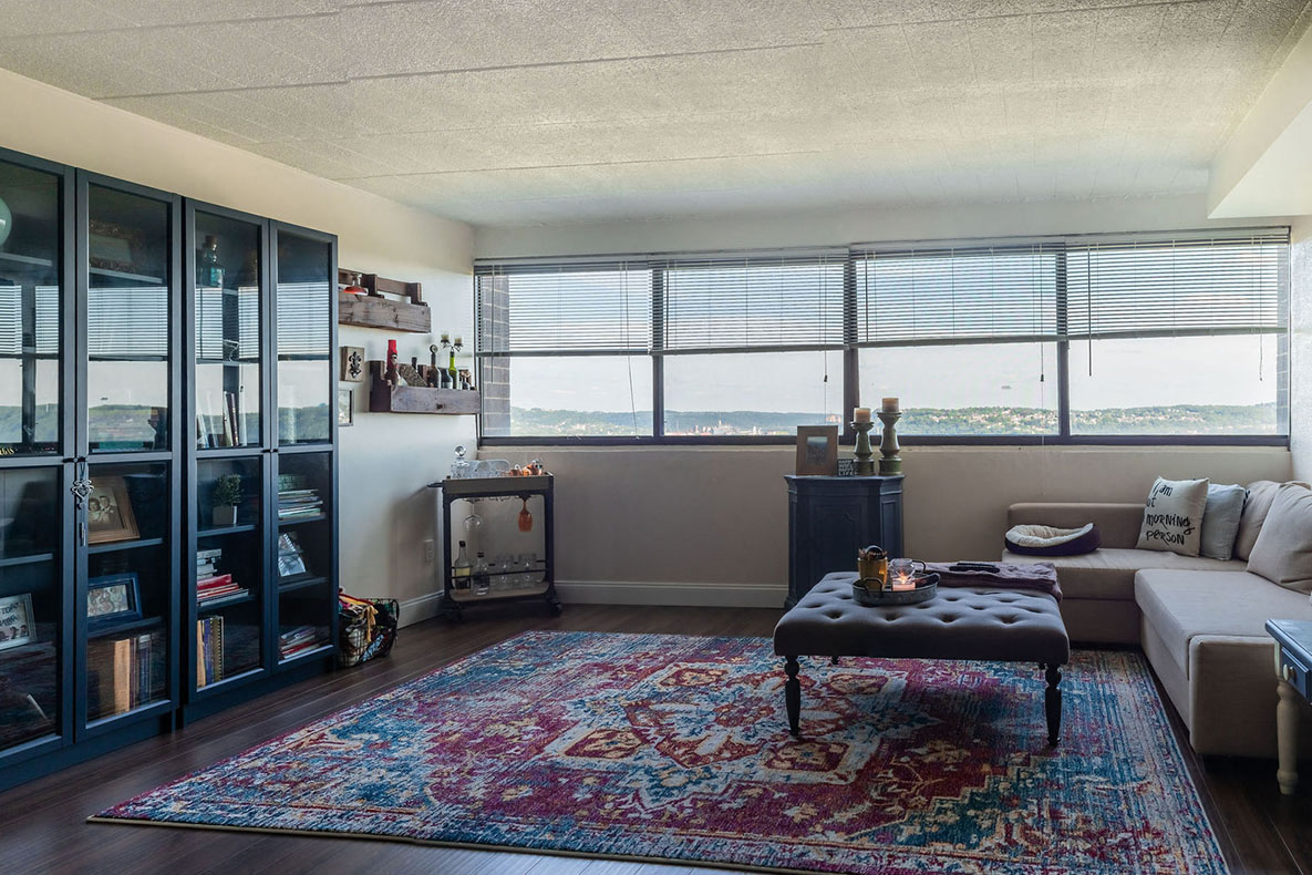 a living room with a couch and a coffee table
