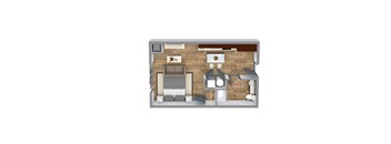 a 3d floor plan of a bedroom with a living room and a bathroom