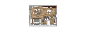 a 3d rendering of a 1 bedroom floor plan with a wood accent wall