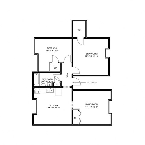 a floor plan of a bedroom floor plan with an open concept kitchen and living room