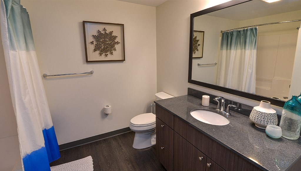 a bathroom with a toilet sink and mirror at Walnut on Highland, Pittsburgh, PA