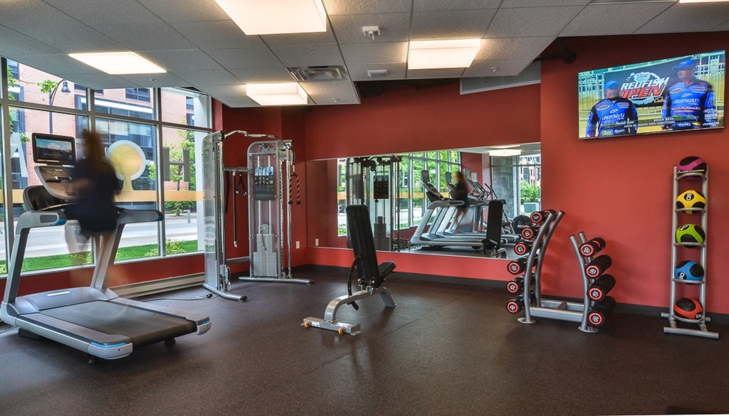 a fitness room with treadmills and other exercise equipment