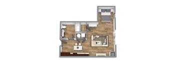 a stylized floor plan of a bedroom with a living room and a bathroom