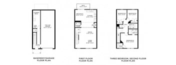 three floor plan of a house with three bedrooms and a bathroom