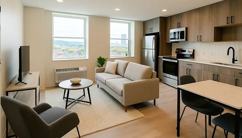 A modern living room with a grey sofa, a black chair, a white table, and a kitchen area with a microwave and a refrigerator.