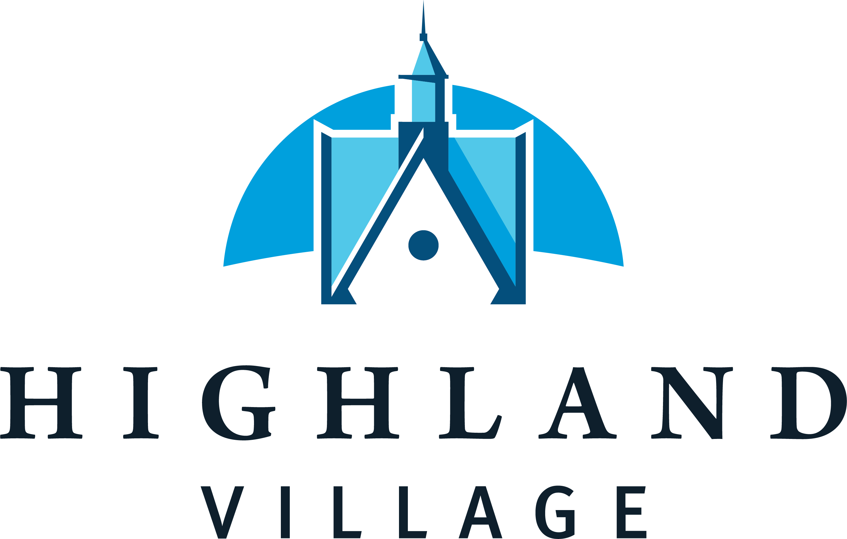 A logo with a rocket ship and the words "Highland Village" below it.