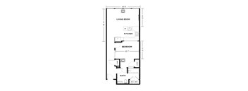 A floor plan of a small apartment with a living room, kitchen, bedroom, and bathroom. at The Washington at Chatham, Pittsburgh, 15219