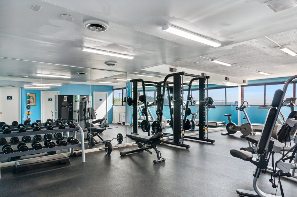 a photo of a gym with weights and other exercise equipment