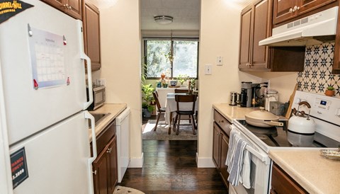 a kitchen with a stove and a refrigerator