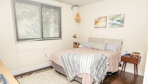 a bedroom with a bed and a window