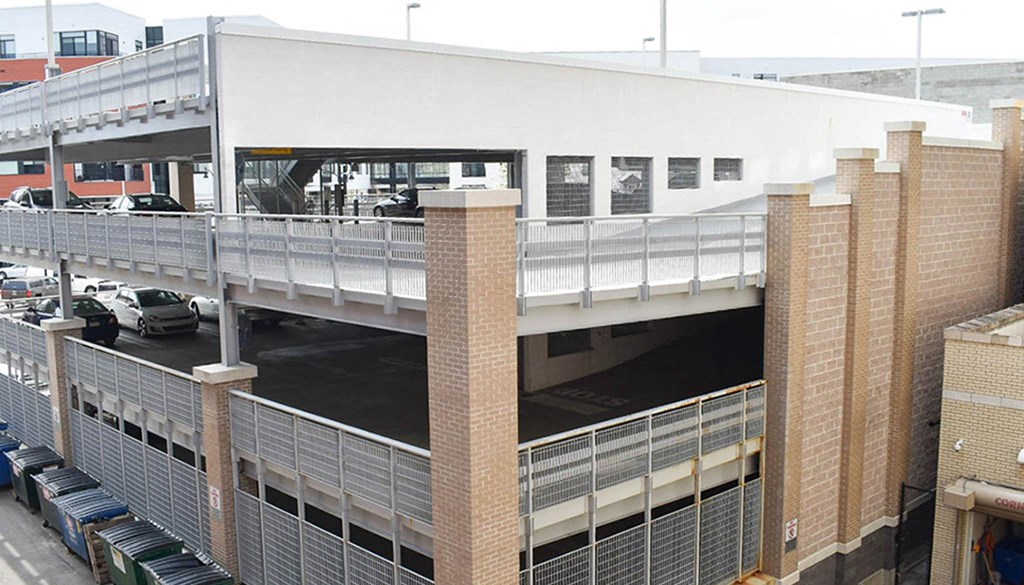 a bridge over a parking lot at Walnut on Highland, Pittsburgh, PA