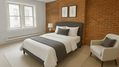 A bedroom with a large bed and a chair.