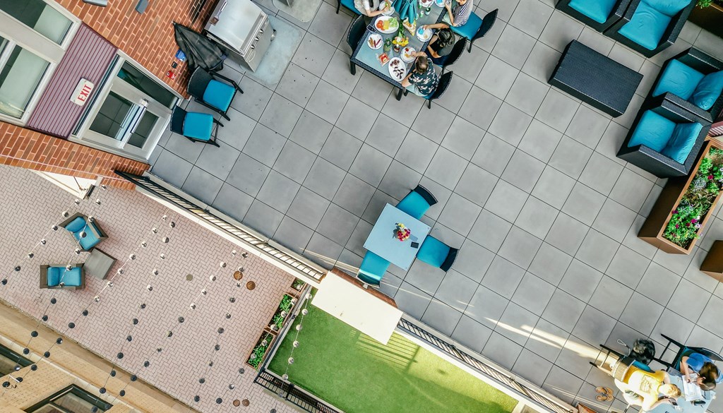 a view from above of a patio with a table and chairs at Walnut on Highland, Pittsburgh, PA