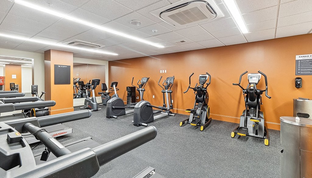 A gym with orange walls and a variety of exercise equipment. at The Washington at Chatham, Pennsylvania, 15219