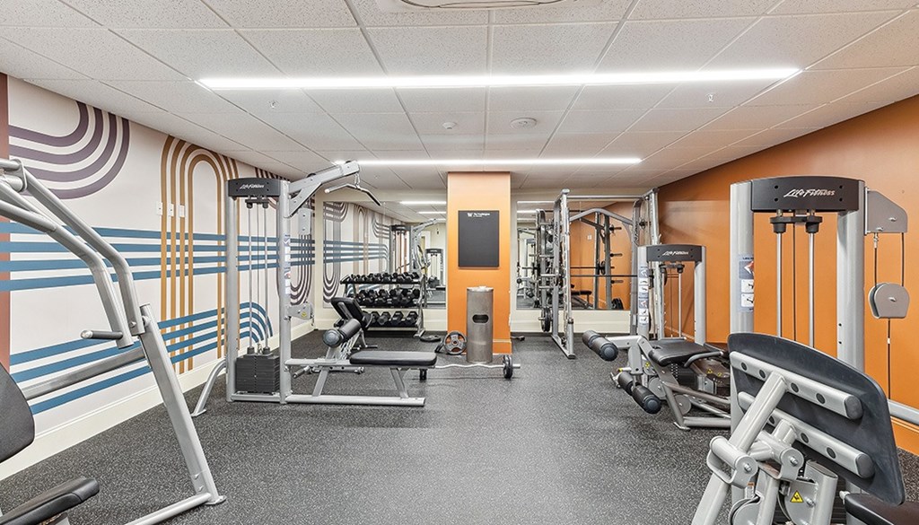 A gym with a variety of equipment including weights and weight machines. at The Washington at Chatham, Pennsylvania, 15219
