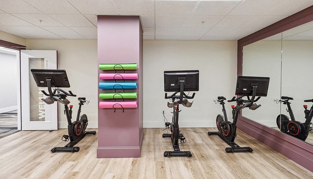A gym with exercise bikes and a mirror. at The Washington at Chatham, Pennsylvania, 15219