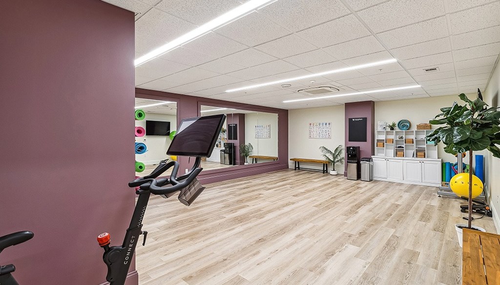 A gym with exercise equipment and a wall-mounted TV. at The Washington at Chatham, Pennsylvania, 15219