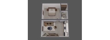 a 3d rendering of a bedroom with a bed and a living room