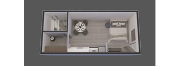 a top down view of a model of a bedroom and a living room