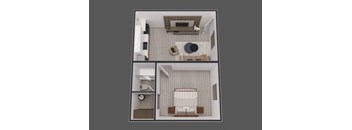 a 3d floor plan of a small apartment