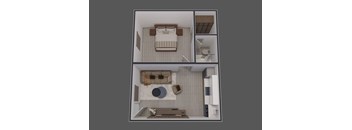 a 3d rendering of a bedroom with a bed and a living room
