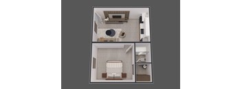 a 3d rendering of a bedroom and a living room