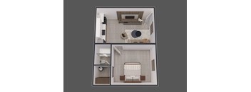 a 3d floor plan of a small apartment