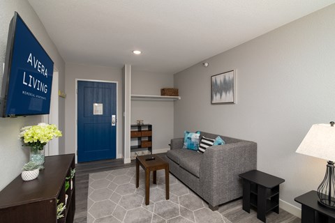 a living room with a couch and a blue door