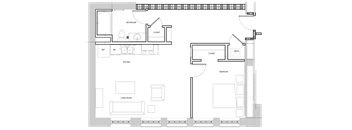 A floor plan of a house with a living room, kitchen, and two bedrooms.