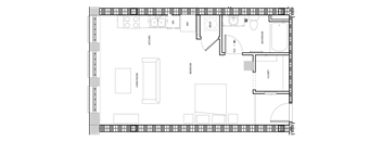A floor plan of a house with a kitchen, living room, and bathroom.