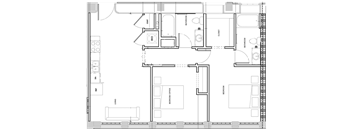 A floor plan of a house with labeled rooms and appliances.