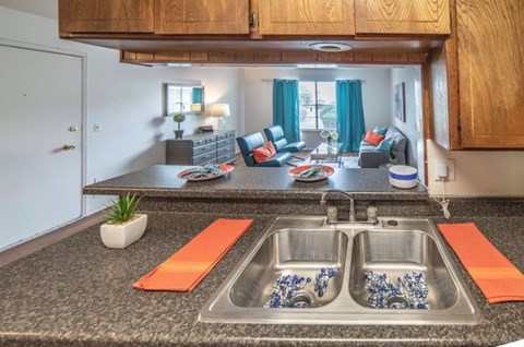A kitchen with a granite countertop and a sink with two faucets.