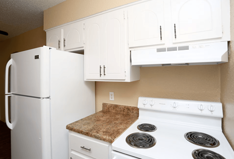 A white refrigerator and stove in a kitchen.