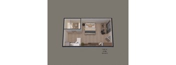 an overhead view of a small apartment with a bedroom and a living room
