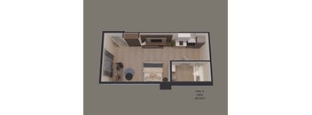 an overhead view of a small apartment with a bedroom and a living room