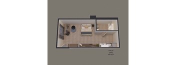 an overhead view of a room with a bedroom and a living room