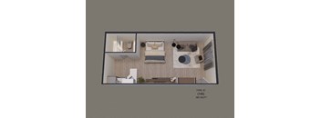 an overhead view of a living room with a bedroom