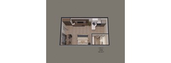 an overhead view of a small apartment with a bedroom and a living room