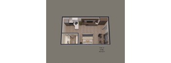 an aerial view of the living room of a small apartment