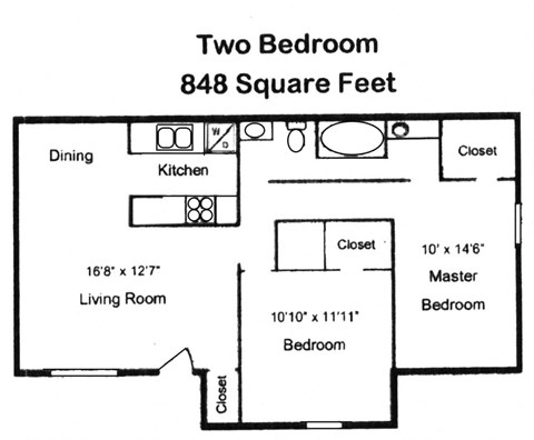 the floor plan of two bedroom 848 square feet