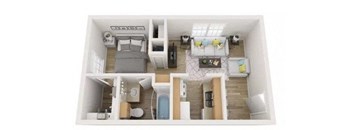 a spacious bedroom with a bed and a bathroom