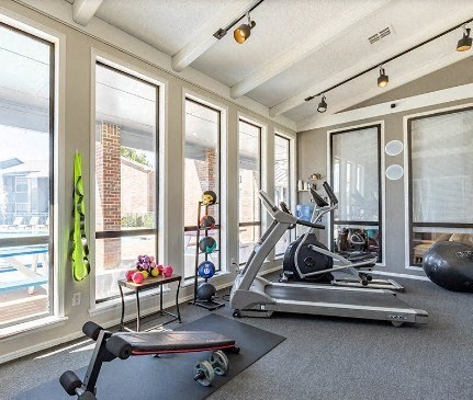 A home gym with a treadmill, weights, and exercise balls.